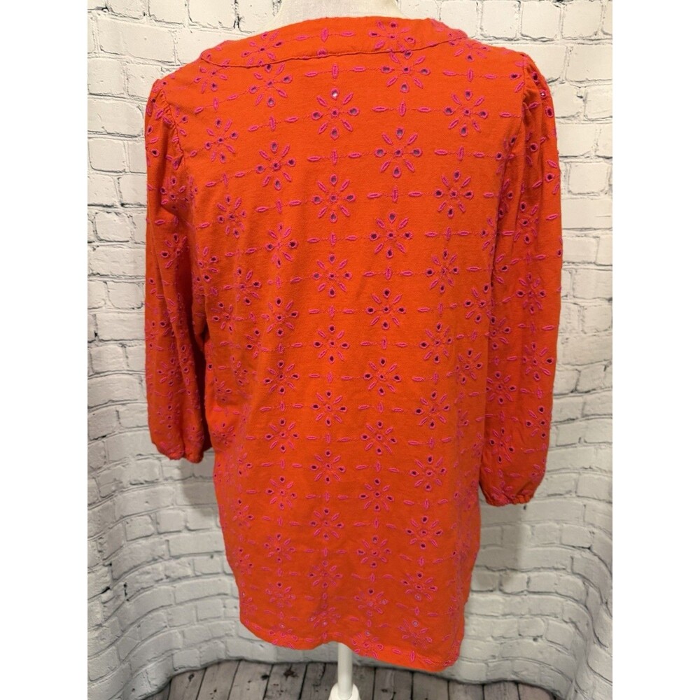 J Jill Womens Tunic Top Orange Pink Eyelet 3/4 Sleeves Cotton V Neck Blouse S - Picture 4 of 7